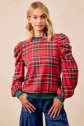 BiBi Christmas Plaid Exaggerated Shoulder Sleeves Top RED PLAID 03e90f1ab16f4fb88500eb5e2a68fb96-Max-Origin