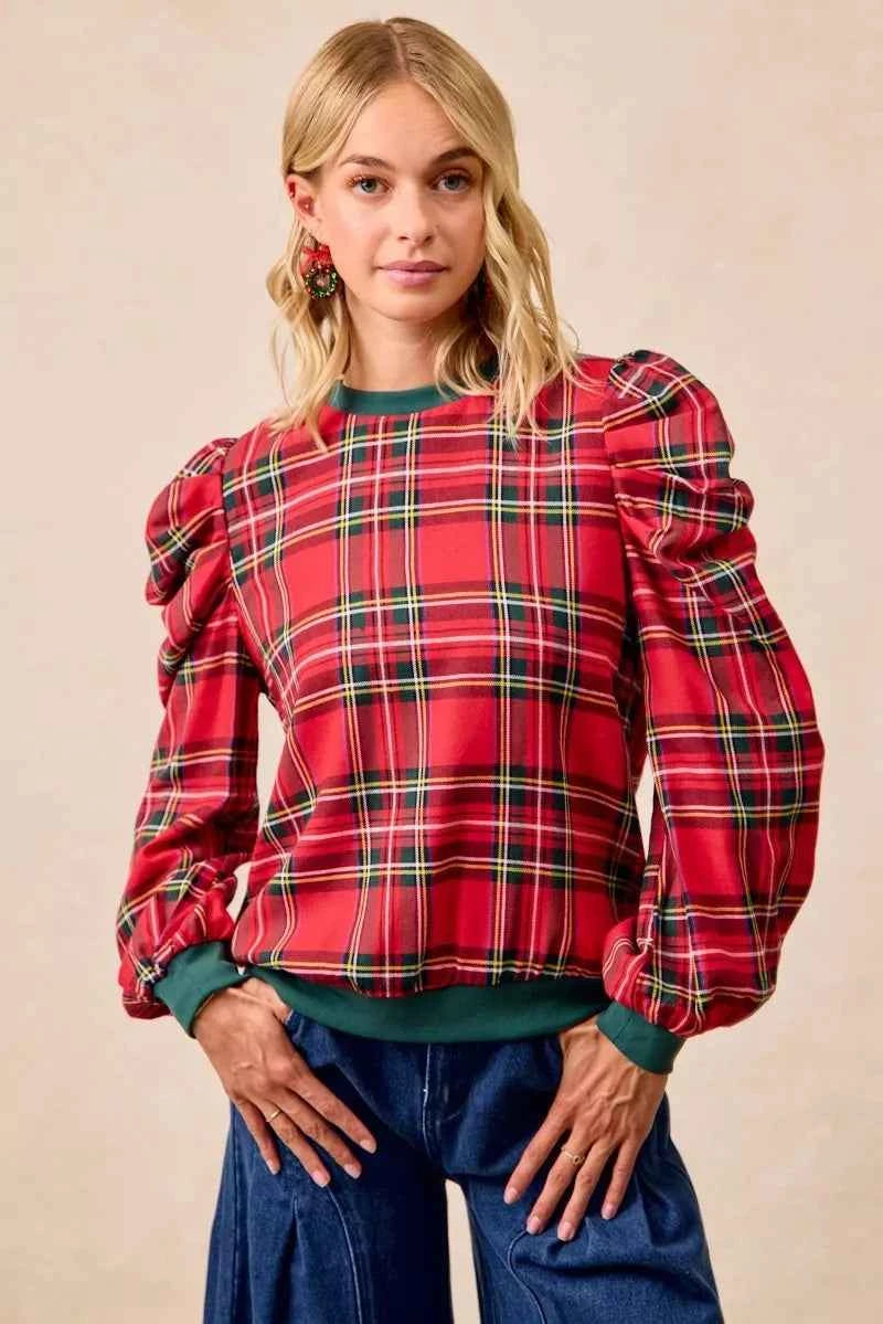 Christmas Plaid Exaggerated Shoulder Sleeves Top RED PLAID 03e90f1ab16f4fb88500eb5e2a68fb96-Max-Origin