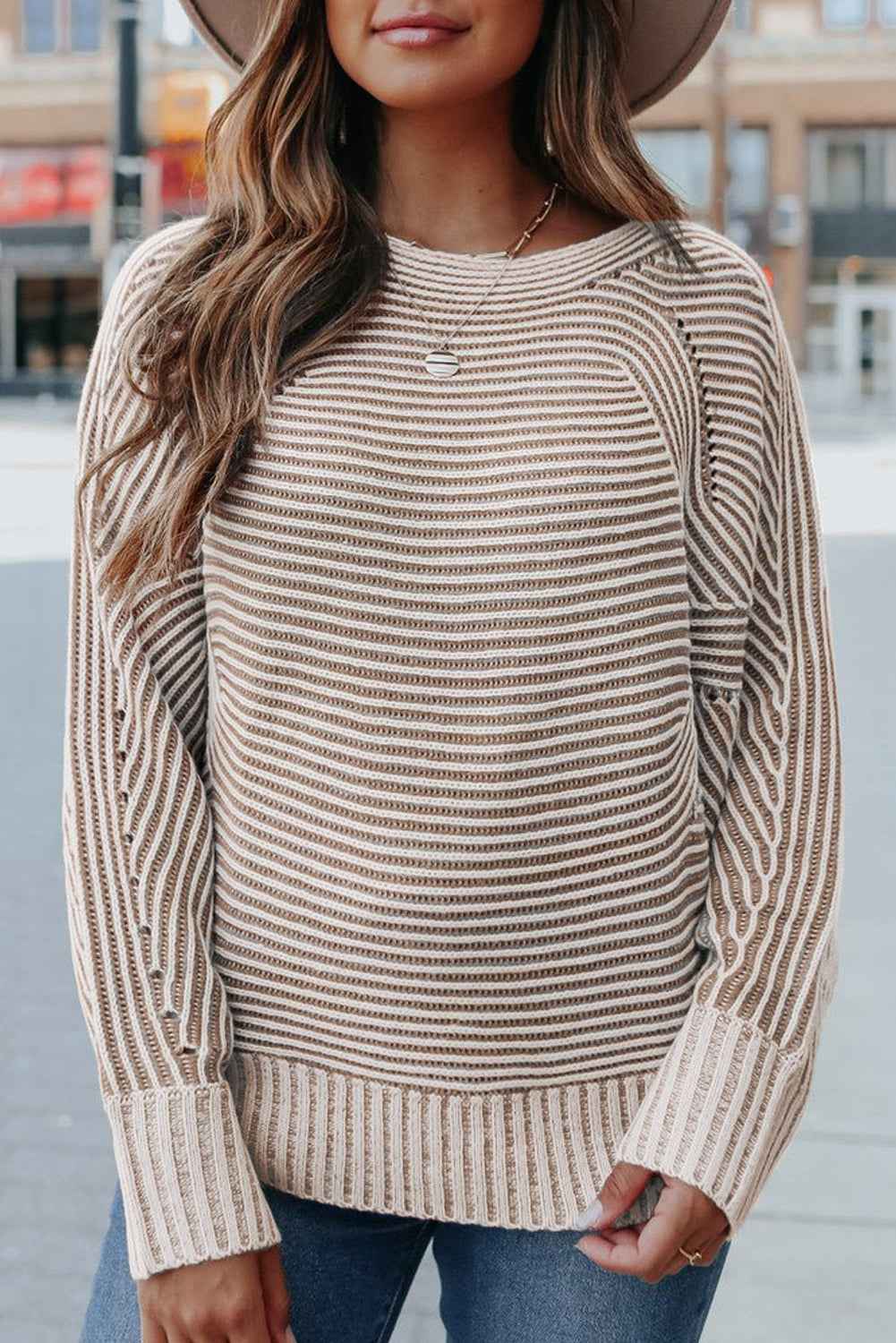 Light French Beige Striped Print Ribbed Knit Raglan Sleeve Baggy Sweater Light French Beige 60%Acrylic+40%Polyamide 03e9e6182d106d1f