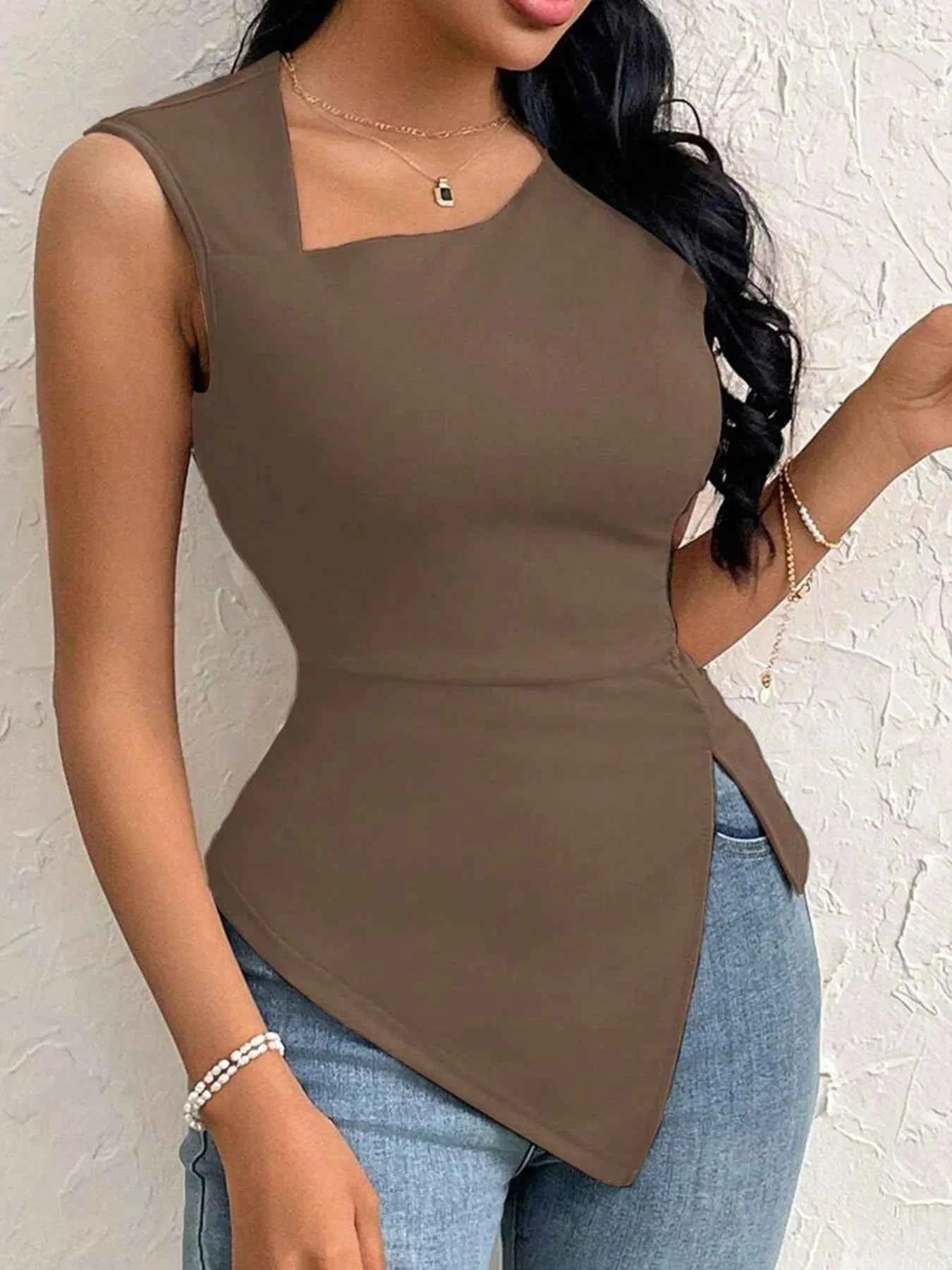 Slit Asymmetrical Tank Top Brown 03ea843b0a16478894065441ce5962a7-Max-Origin