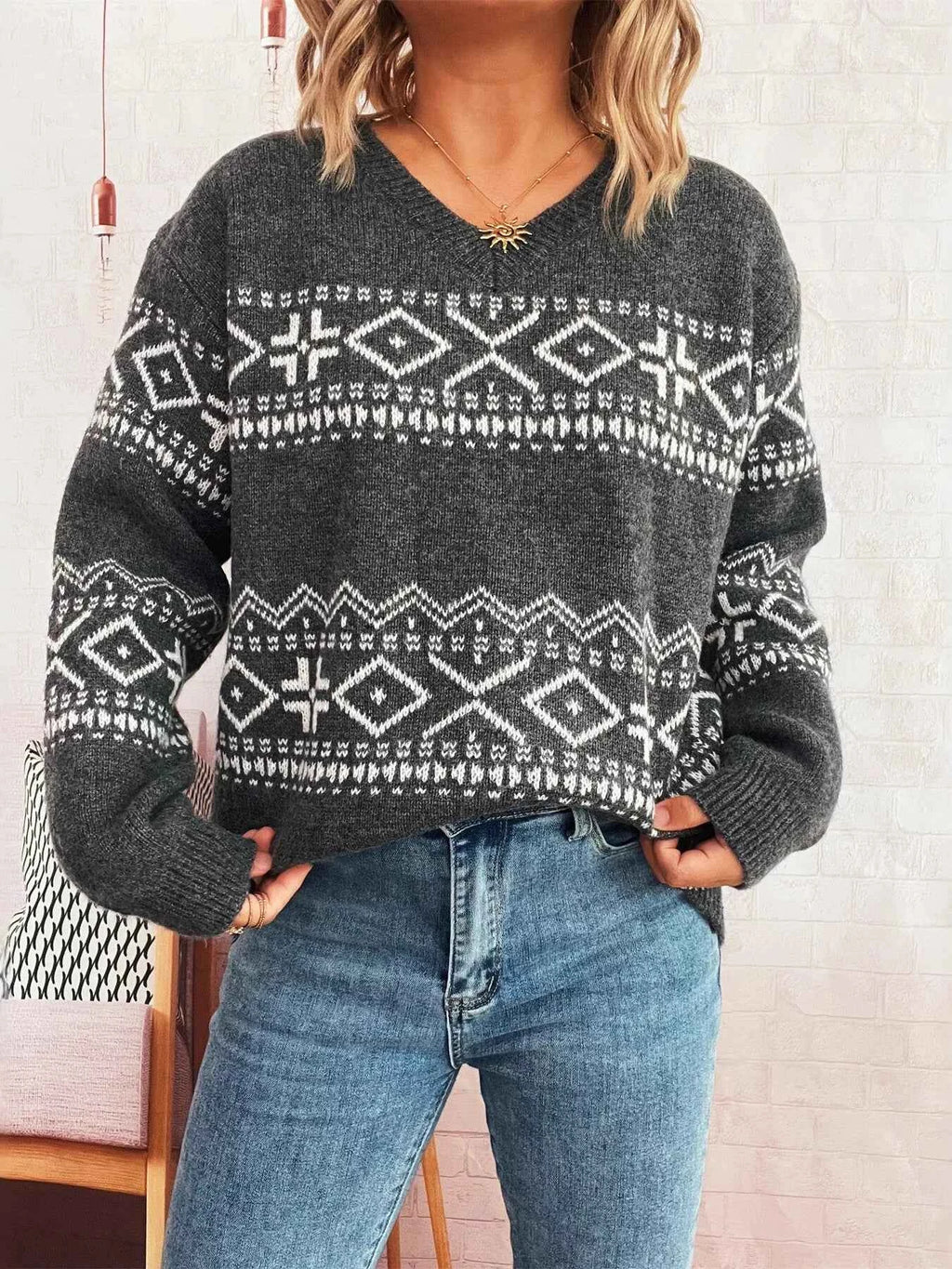 Geometric Dropped Shoulder Long Sleeve Sweater 03ec2af30284420eb2fcb7d5c0db0cdc-Max-Origin