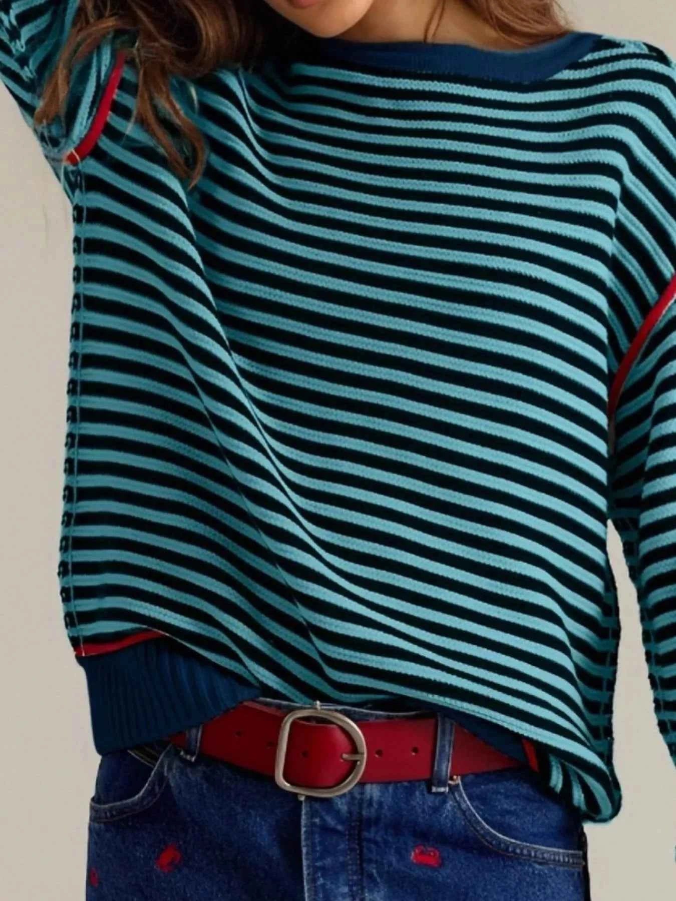 Striped Round Neck Long Sleeve Sweater 03ed6d7d-45cd-43ac-b8e5-516fc121eec1-Max-Origin