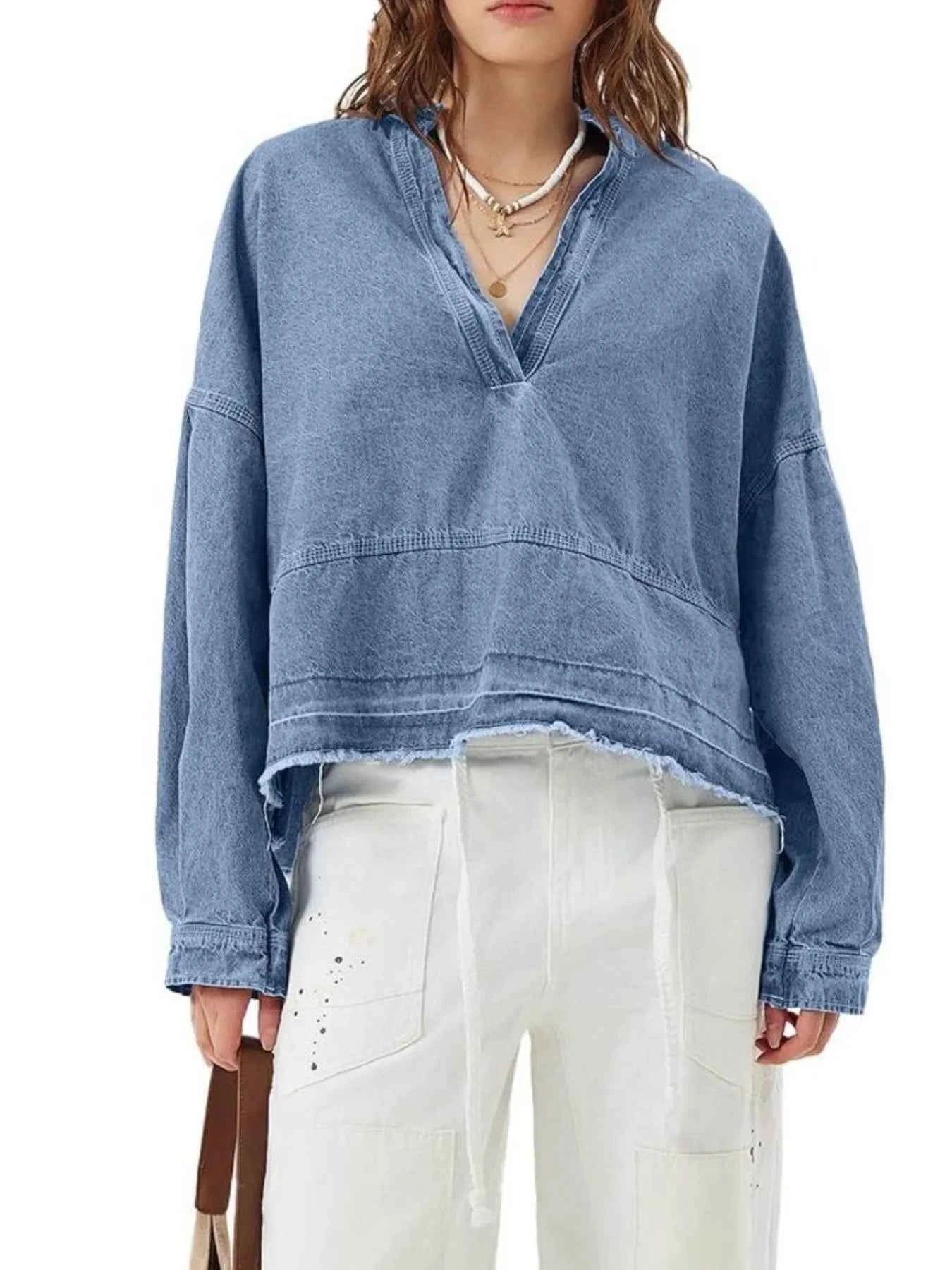 Raw Hem Long Sleeve Denim Top Dusty Blue 03f220e6-b92f-4e56-af62-13b1adccc7ff-Max-Origin