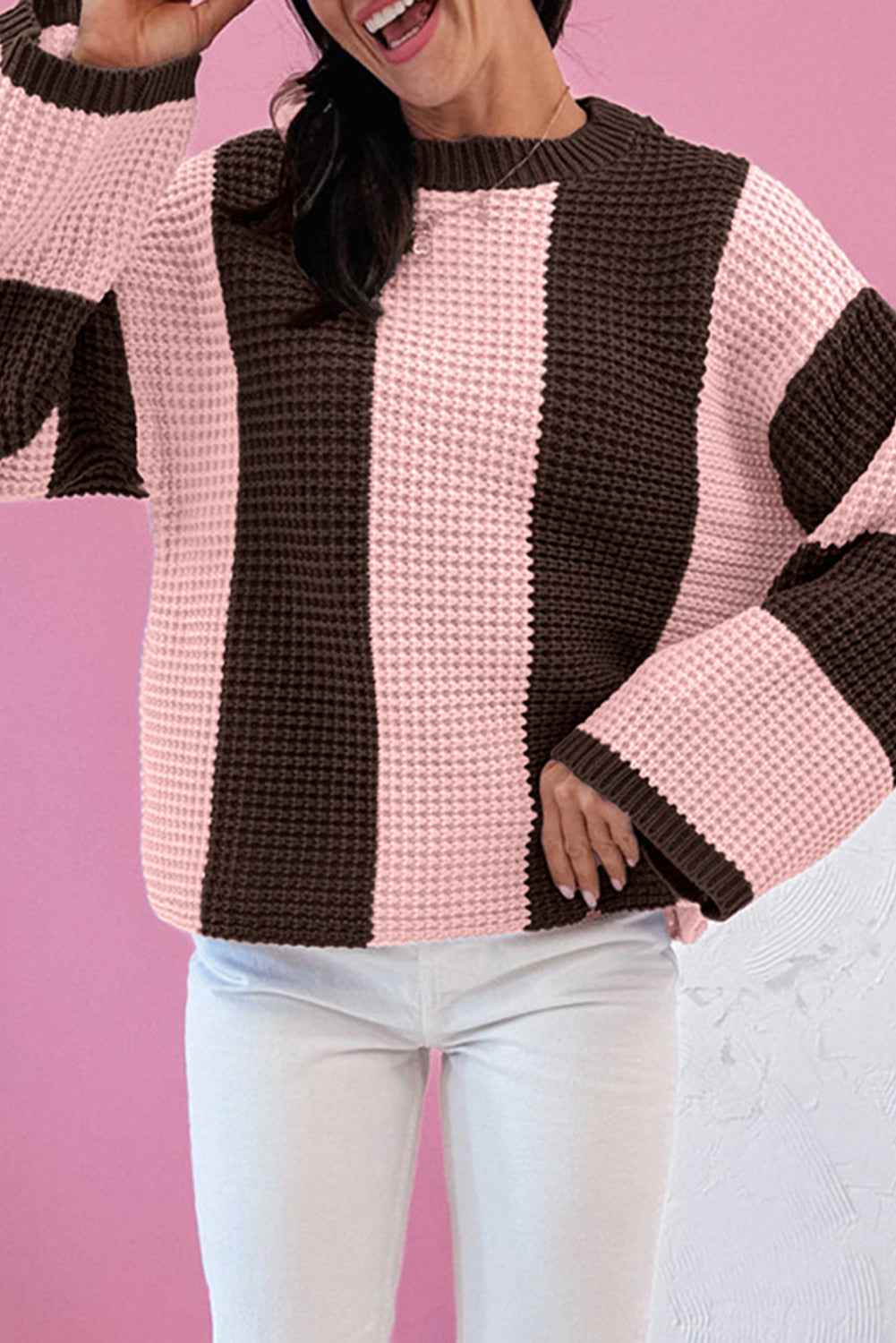 Myosotis Striped Color Block Thermal Textured Knit Drop Shoulder Sweater 03f286612fe4ee43