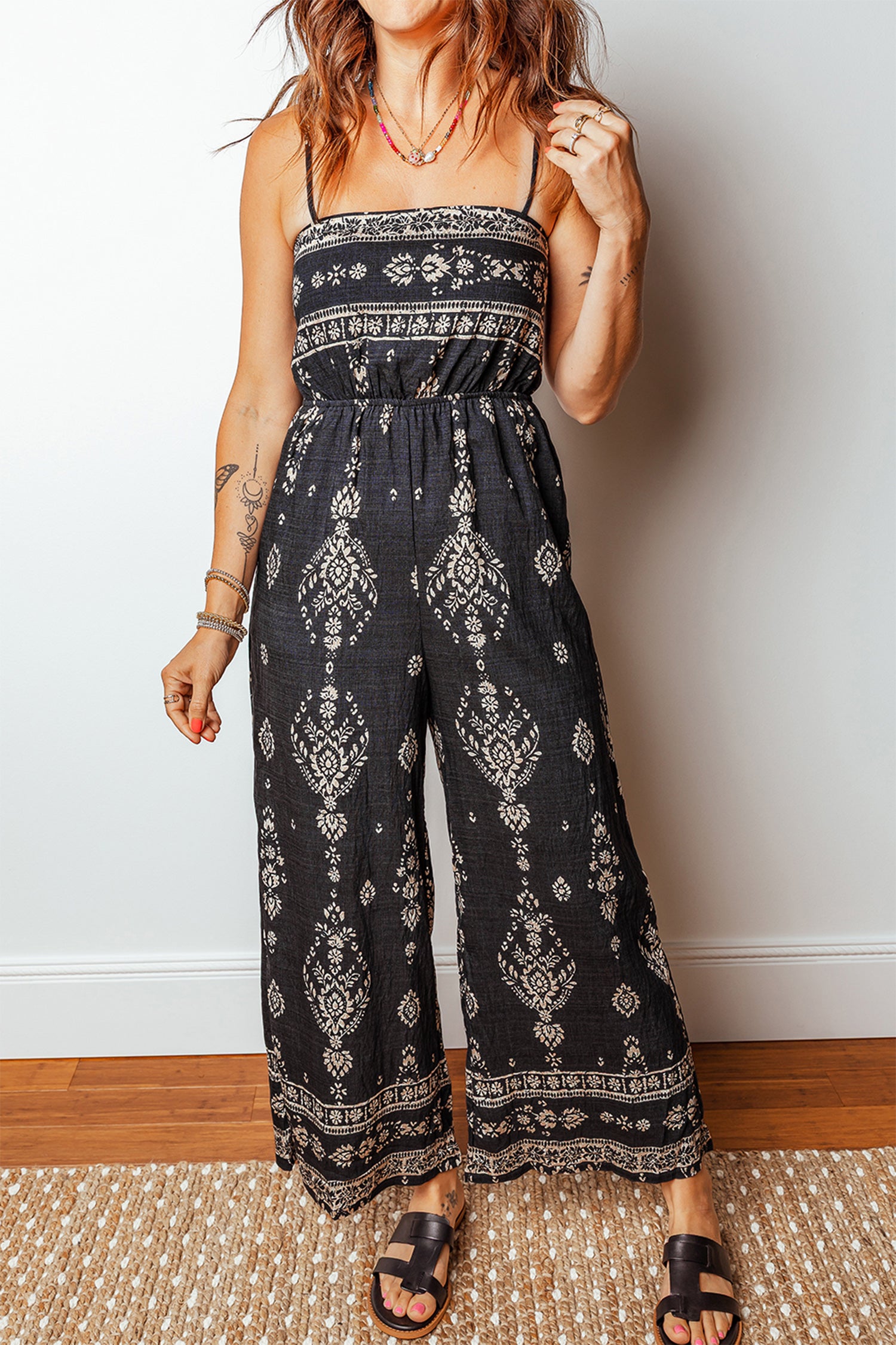 Black Spaghetti Straps Elastic Waist Loose Ethnic Print Jumpsuit Black 85%Viscose+15%Polyamide 03f2e7c6a4a10495
