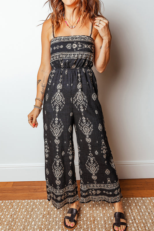 Black Spaghetti Straps Elastic Waist Loose Ethnic Print Jumpsuit Black 85%Viscose+15%Polyamide 03f2e7c6a4a10495