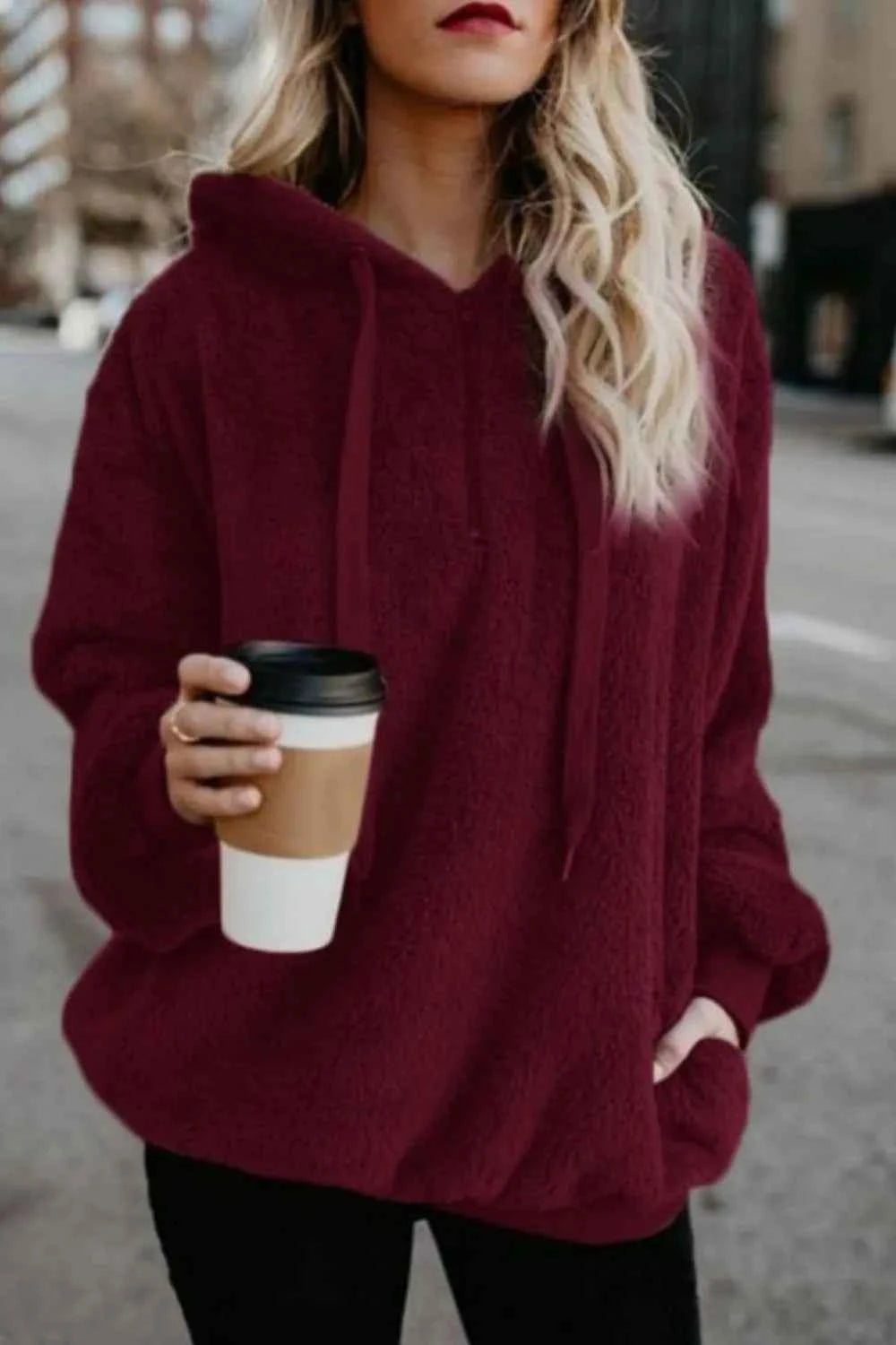Full Size Quarter-Zip Drawstring Teddy Hoodie Burgundy 03f960bc-4f21-47d2-8f05-831c8930a92e-Max