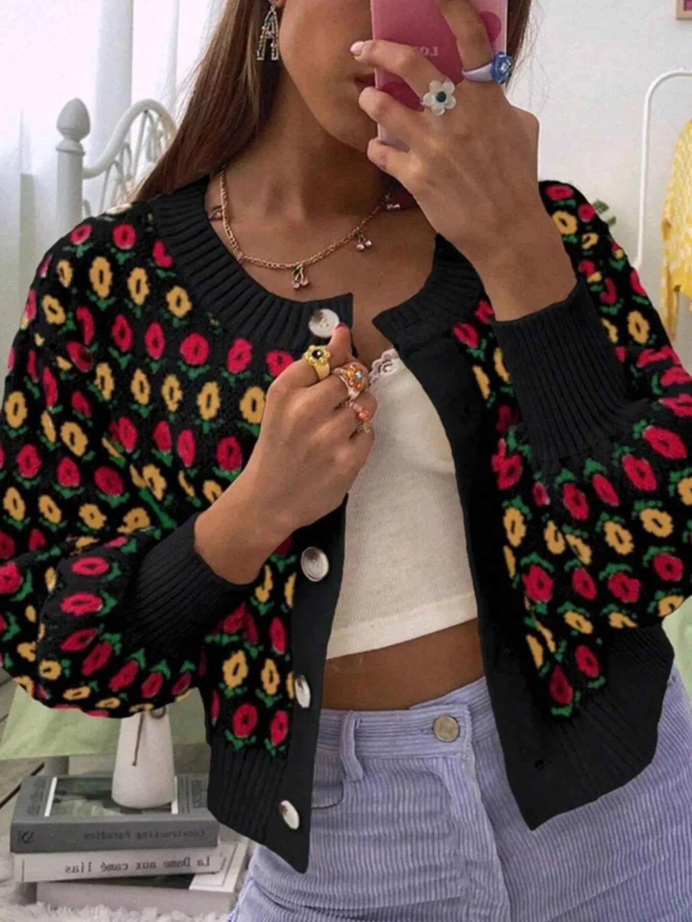 Floral Button Up Long Sleeve Cardigan Black 0401874a-8ae9-4e16-8ca4-6153cd57f432-Max-Origin