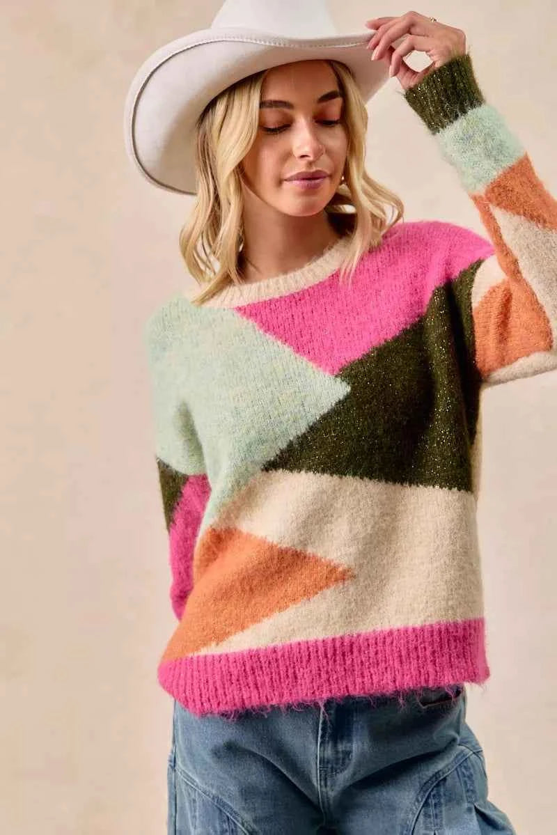 BiBi Multi Color Block Sweater Top 0401d3534f6546588250b5db0799ec57-Max-Origin