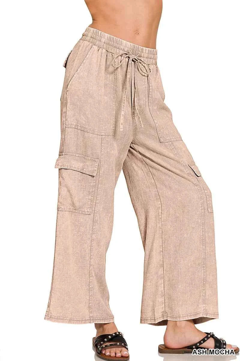 Zenana Washed Linen Elastic Band Waist Cargo Pants 040847e4254544beabf698d80fde73b7-Max-Origin