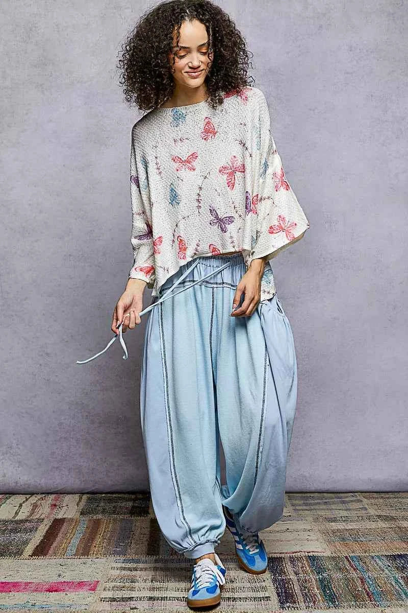 POL Butterflies Pattern Round Neck knit Top with Outseam Rolling Edge 040e0520-c8a6-423c-8d02-0e3276618d9c-Max-Origin