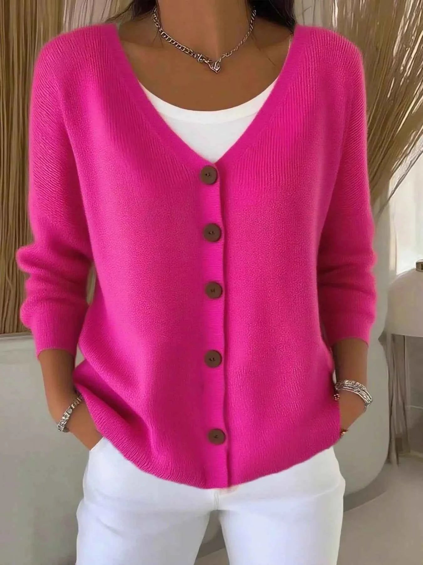 Full Size Button-Front V-Neck Cardigan Plus Size Hot Pink 041332de82f940e38d24cbb0457d18d4-Max-Origin