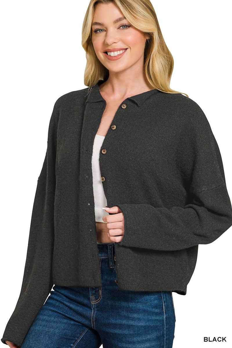 Zenana Collared Button Down Cardigan Sweater 0413990b2b3d42b3a02a0eb773f99821-Max