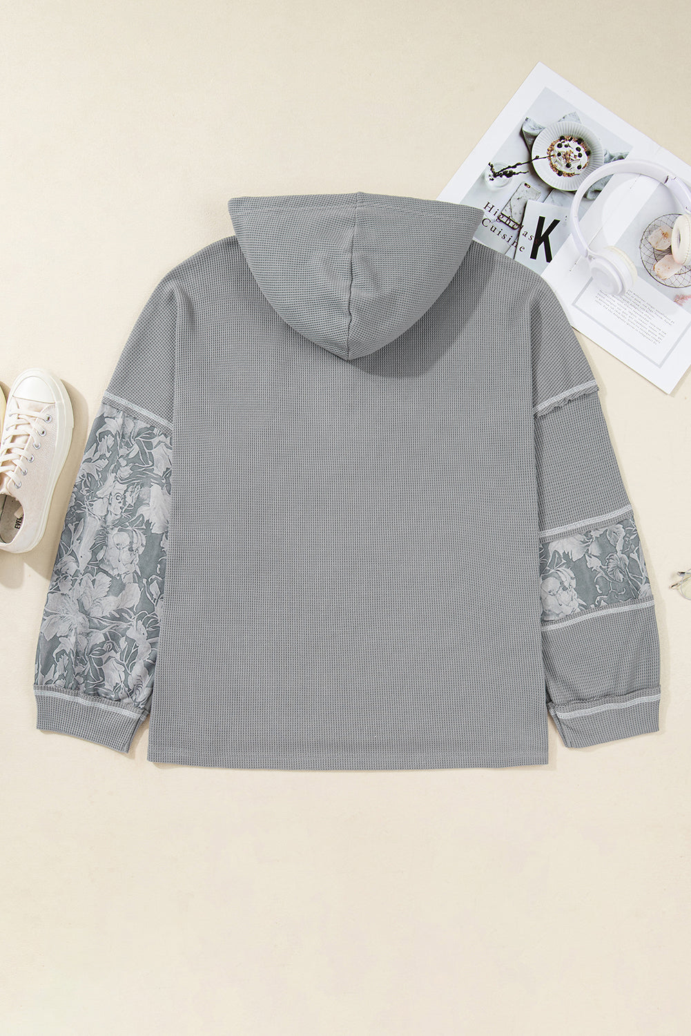 Gray Mixed Waffle Knit Patchwork Henley Plus Size Hoodie 041bb88c42ec646f