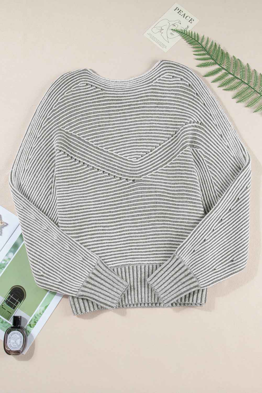Light French Beige Striped Print Ribbed Knit Raglan Sleeve Baggy Sweater 041cf506554e0ea7