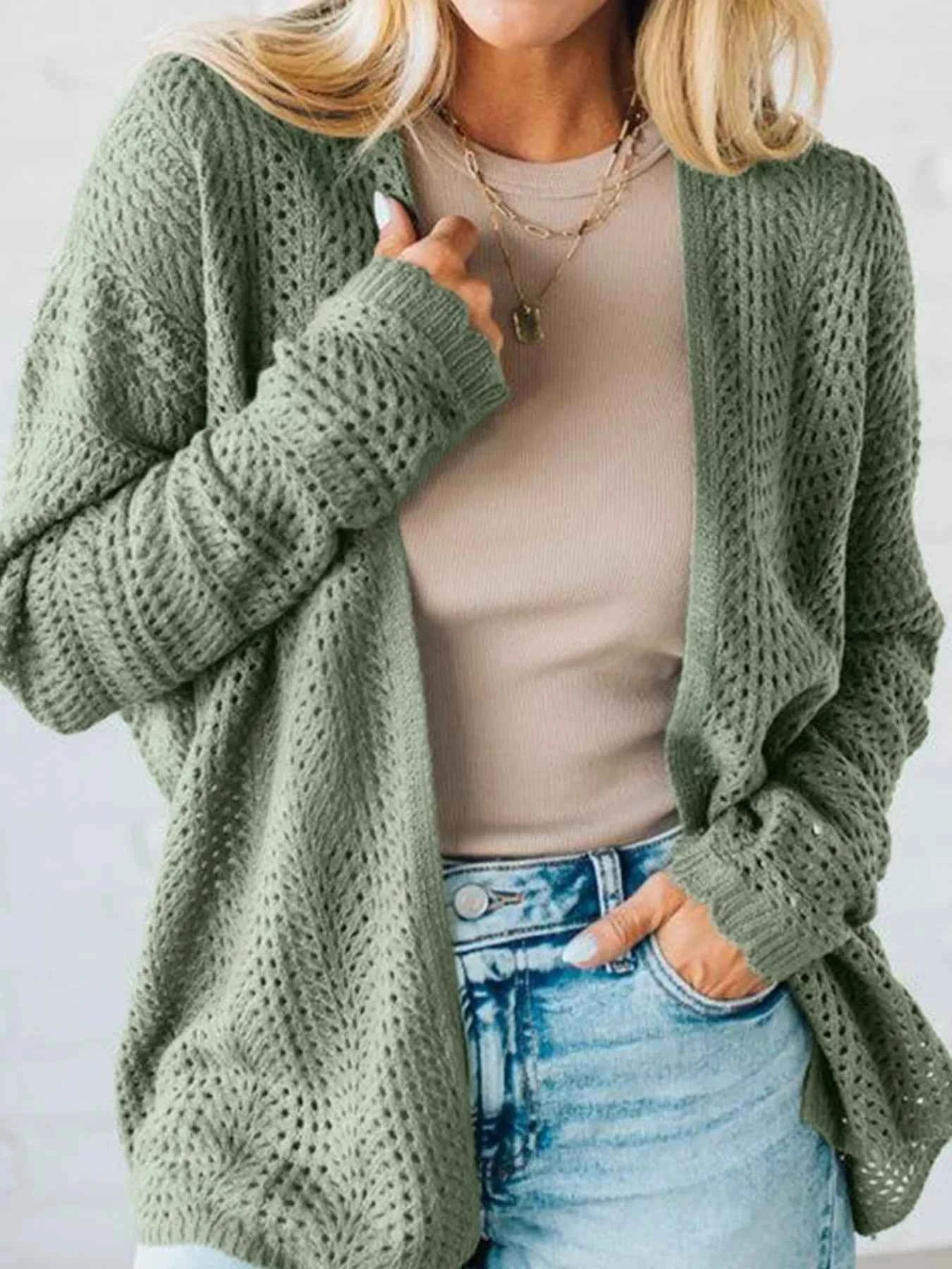 Scalloped Edge Eyelet Knit Batwing Sleeve Cardigan Sage 041e9244b5f04e50a91281f2fd3b4f27-Max-Origin