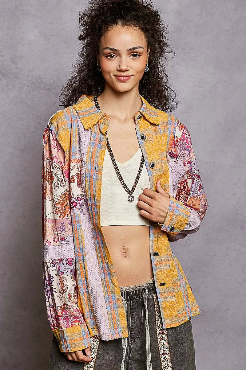 POL Printed Button Down Long Sleeve Exposed Seam Shirt YELLOW MULTI 04238035-719c-4d67-a0b7-6ff01413b262-Max-Origin