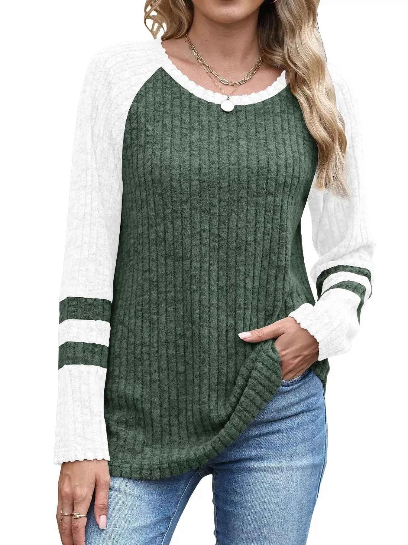 Ribbed Round Neck Raglan Sleeve Top 04253b6cb38747c2acd4ab72a513cb2e-Max-Origin