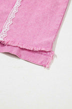Pink Lace Patchwork Distressed Buttoned Denim Jacket 042a3ad575cfff1b