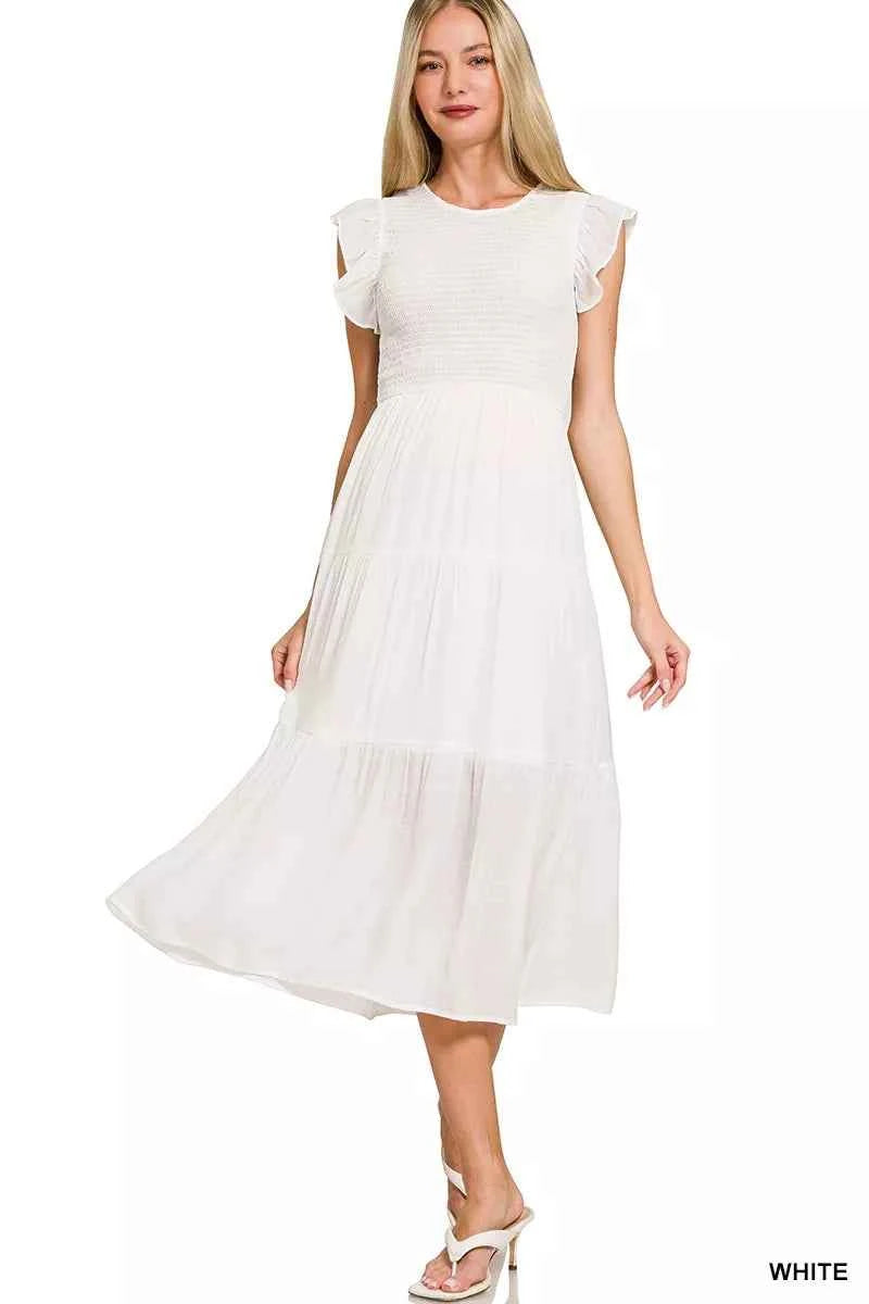 Zenana Woven Smocked Ruffle Sleeve Midi Dress WHITE 042ae3e655b548a09ba8a7dab08f4c6c-Max-Origin
