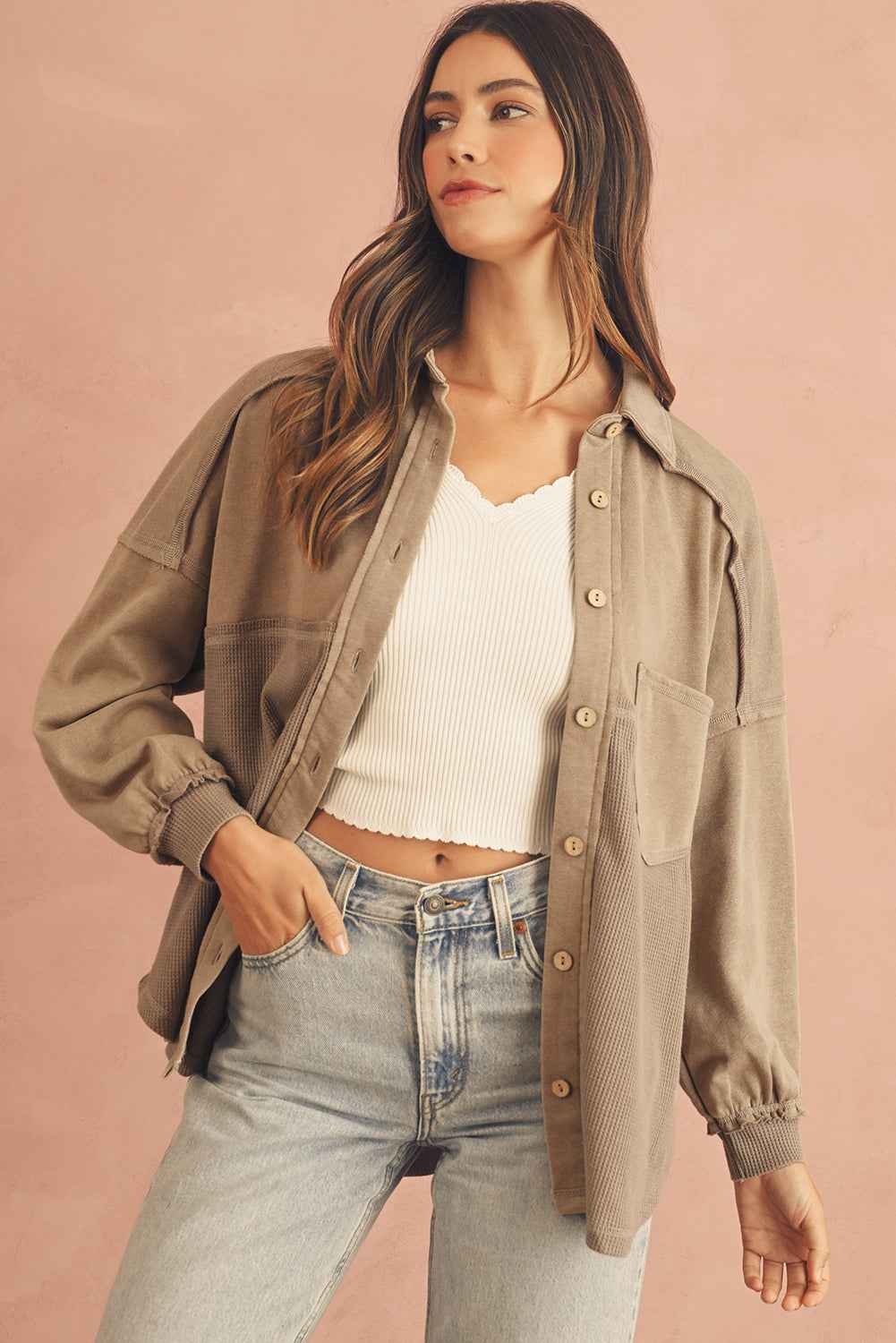 Goat Mineral Wash Textured Patchwork Loose Fit Shacket 042e72996fd741f8