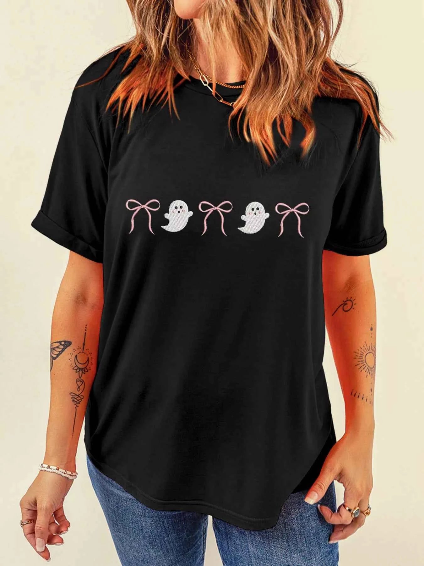 Halloween Ghost Bow Graphic Short Sleeve T-Shirt Black 042f575e359745b69e258046a7544c20-Max-Origin