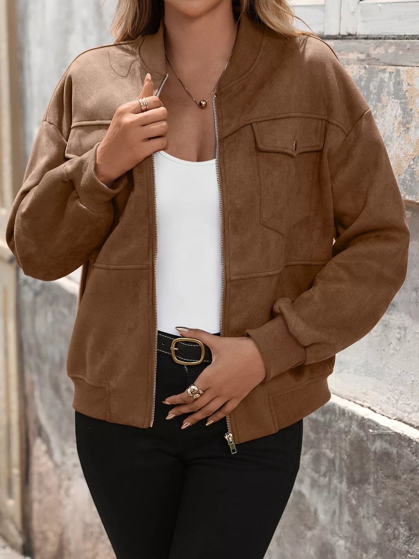 Zip Up Dropped Shoulder Jacket Brown 043096f6835d4adb8bfff46678abf3f5-Max-Origin