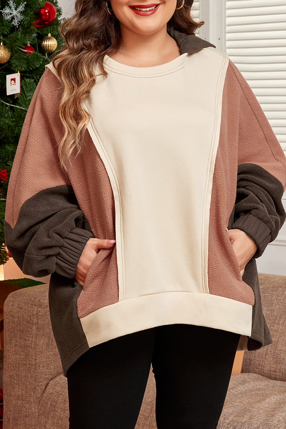Brown Exposed Seam Colorblock Plus Size Hoodie 0432936fda7f9ceb