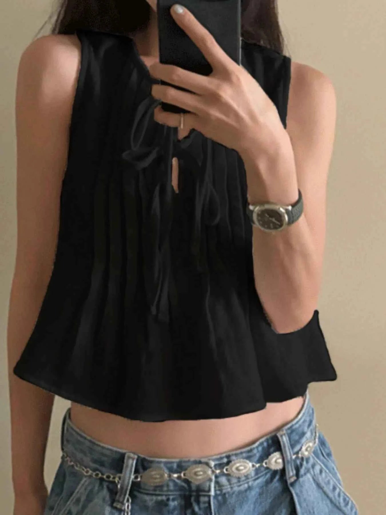 Tie-Front Sleeveless Summer Blouse Tan 043a9a9a-7e52-4647-8a50-ac63563b080e-Max-Origin