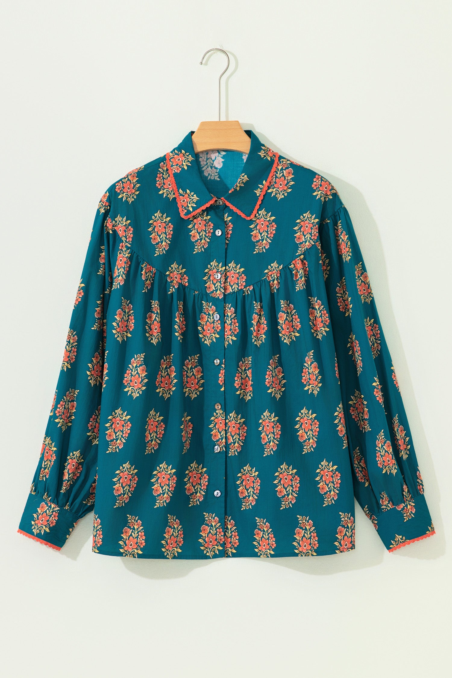 Green Plus Size Floral Print Contrast Lacy Trim Pleated Loose Shirt 043b958904284d0e