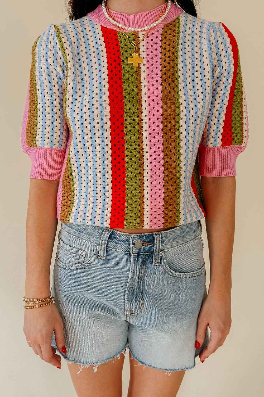 Multicolour Striped Pointelle Knit Short Sleeve Sweater 0443e2380143974d