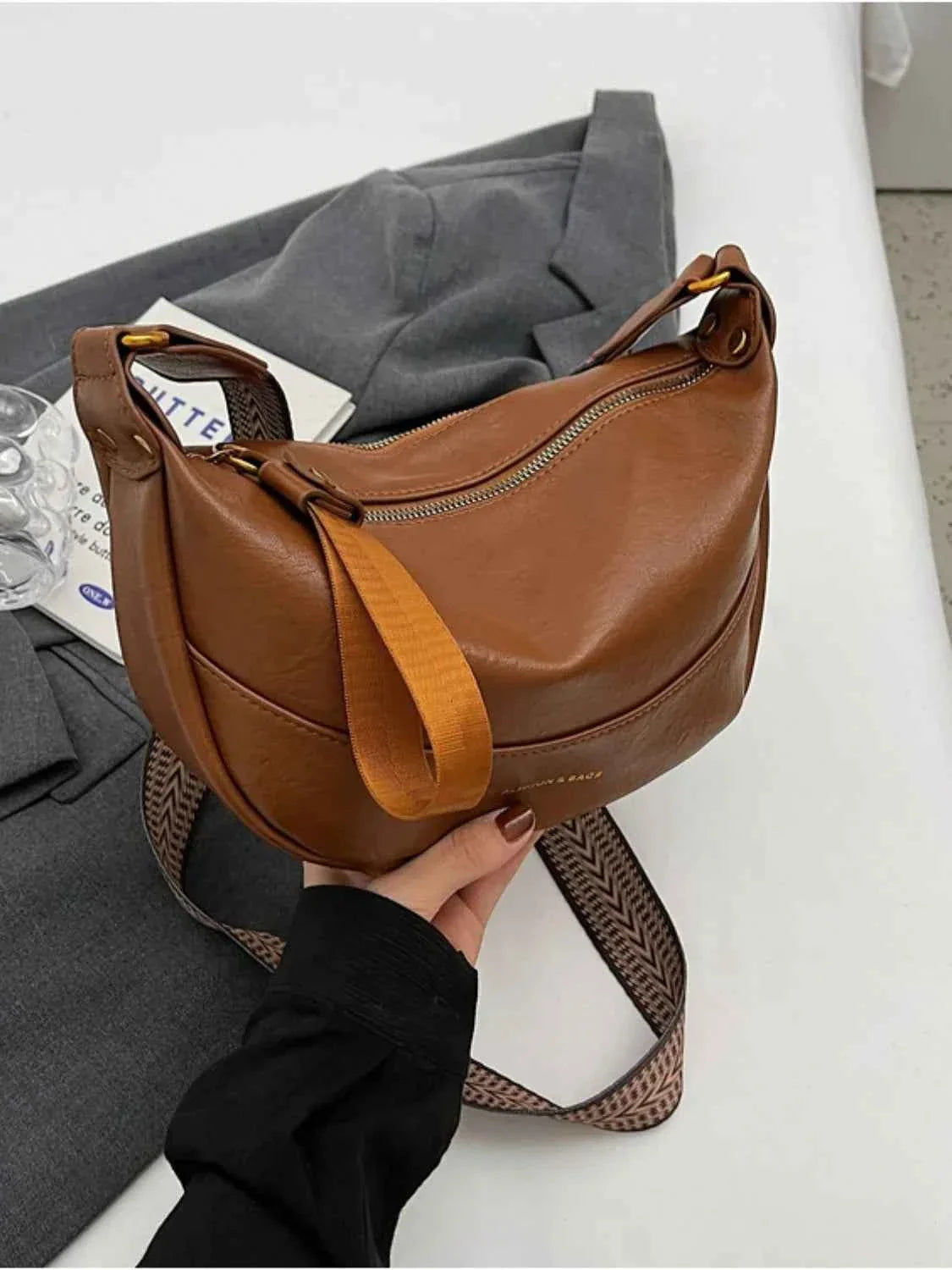 Leather Shoulder Bag with Woven Strap Terracotta onesize 04457e9a-f9b2-499a-bfce-b7d76356a028-Max-Origin