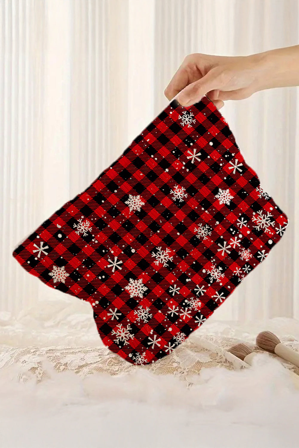 Fiery Red Plaid Christmas Snowflake Print Cosmetic Bag