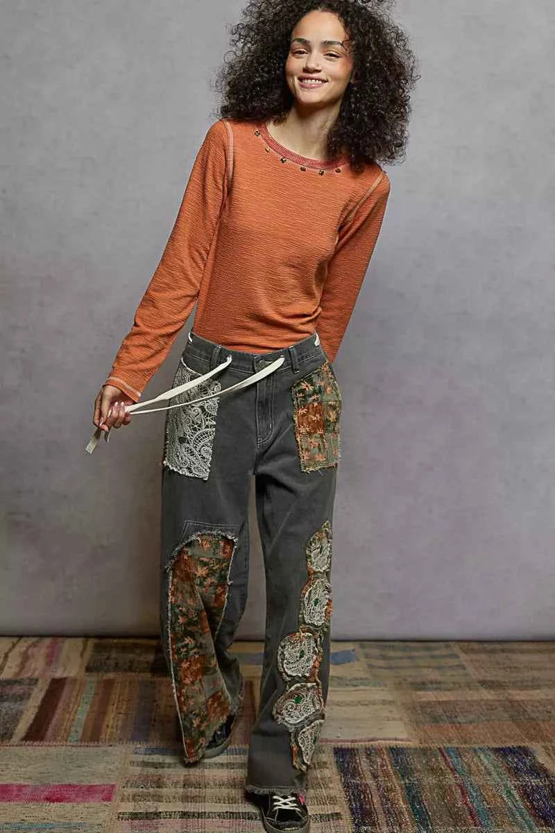 POL Round Neck Long Sleeve Contrast Stitching T-Shirt with Stud Detail 0447b594-4452-417a-9144-e7f487de0808-Max-Origin