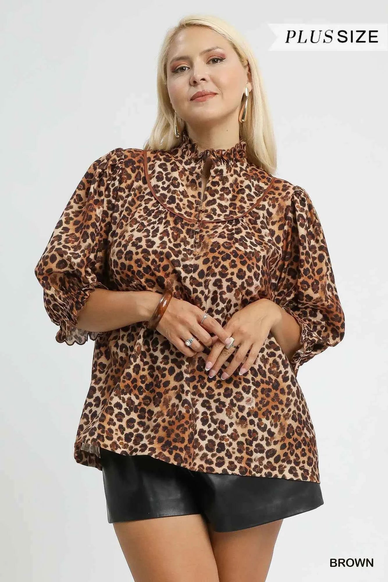 Umgee Full Size Leopard Print Ruffle Neck Blouse Plus Size 04489d49-6fd4-4f8b-94c0-94ae1d7b21d8-Max-Origin