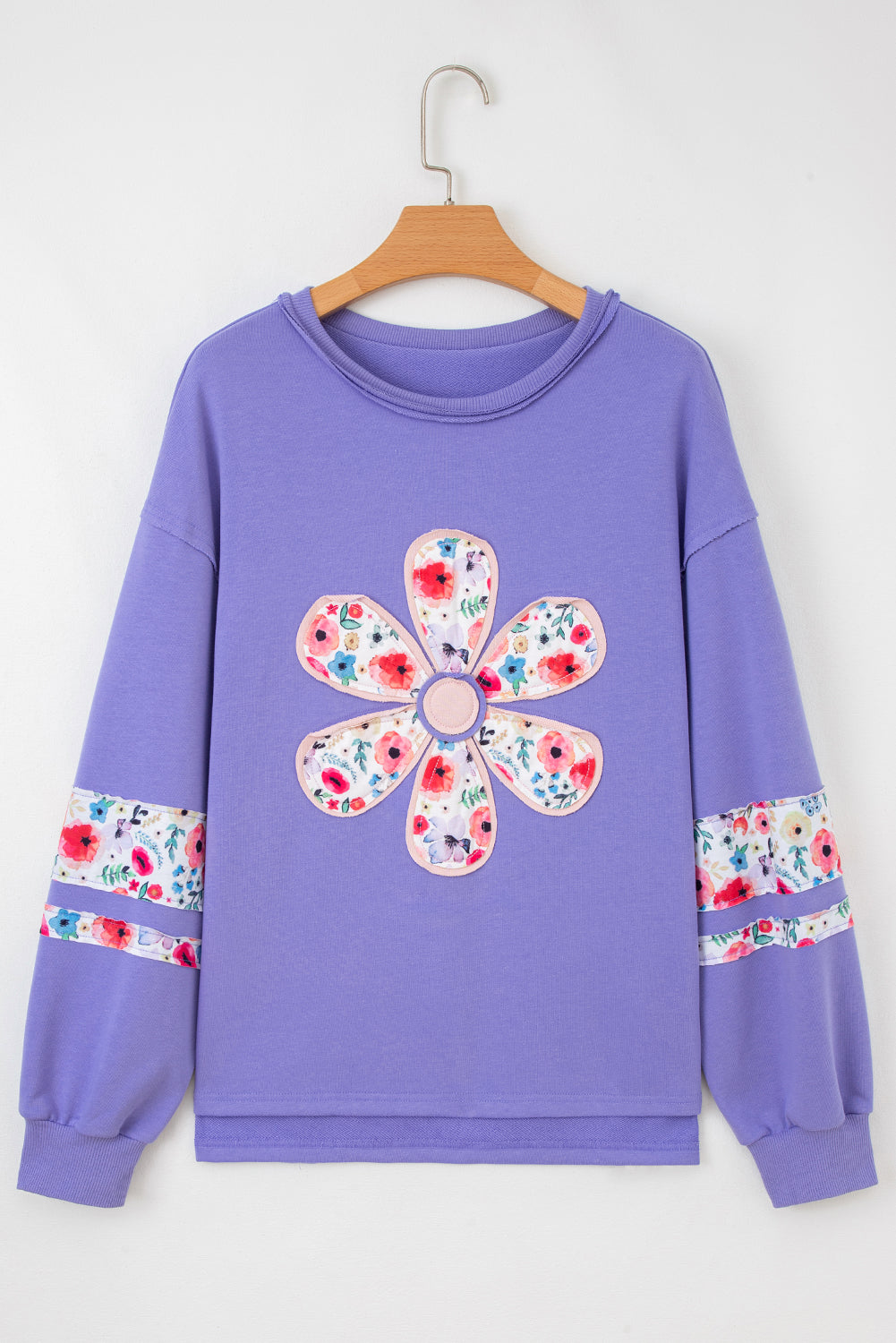 Wisteria Flower Applique Patchwork Drop Sleeve Pullover Sweatshirt 044bf4c57d9742bf