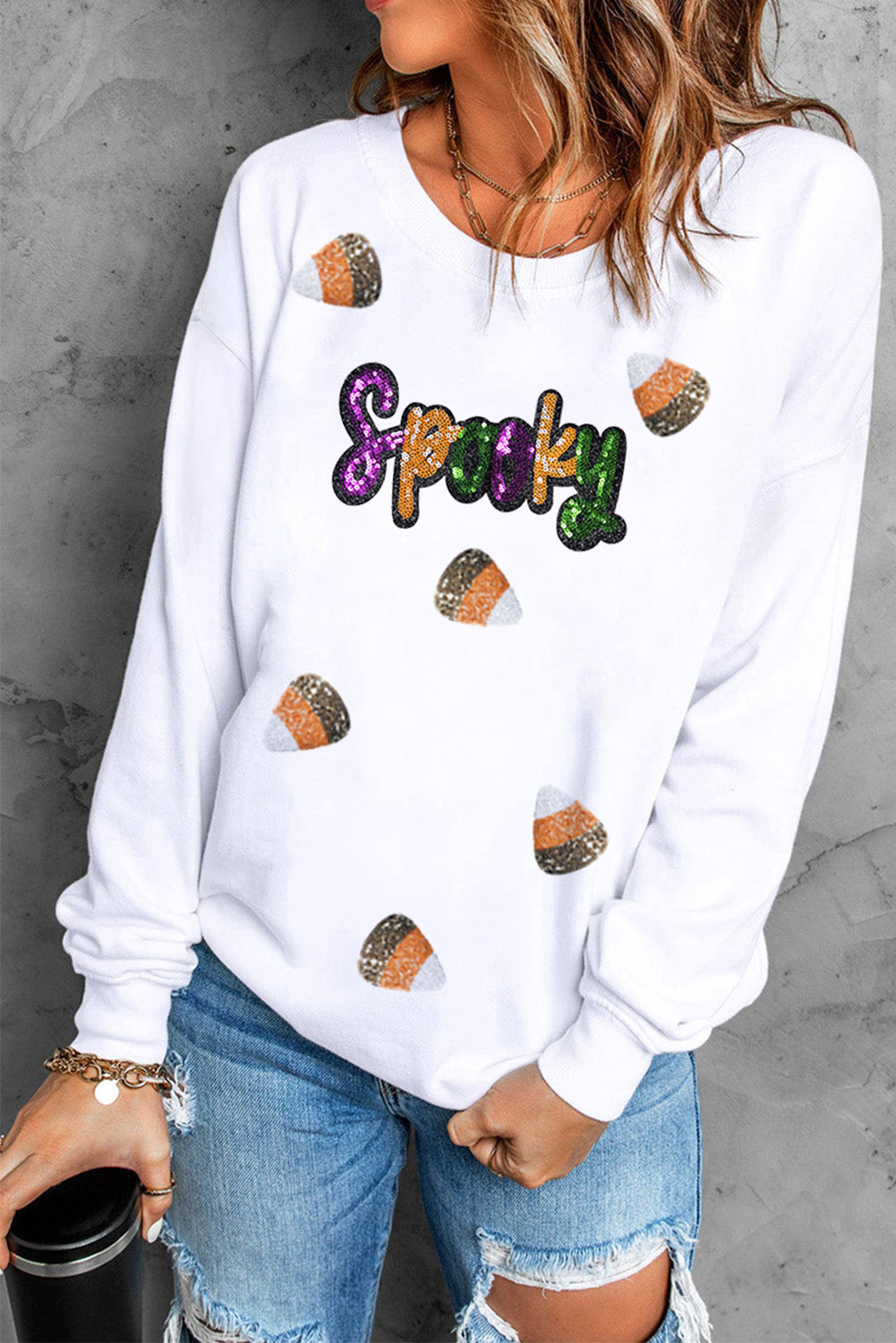White Spooky Halloween Spirit Sequins Patch Casual Sweatshirt 0450d3a13ce11a1e