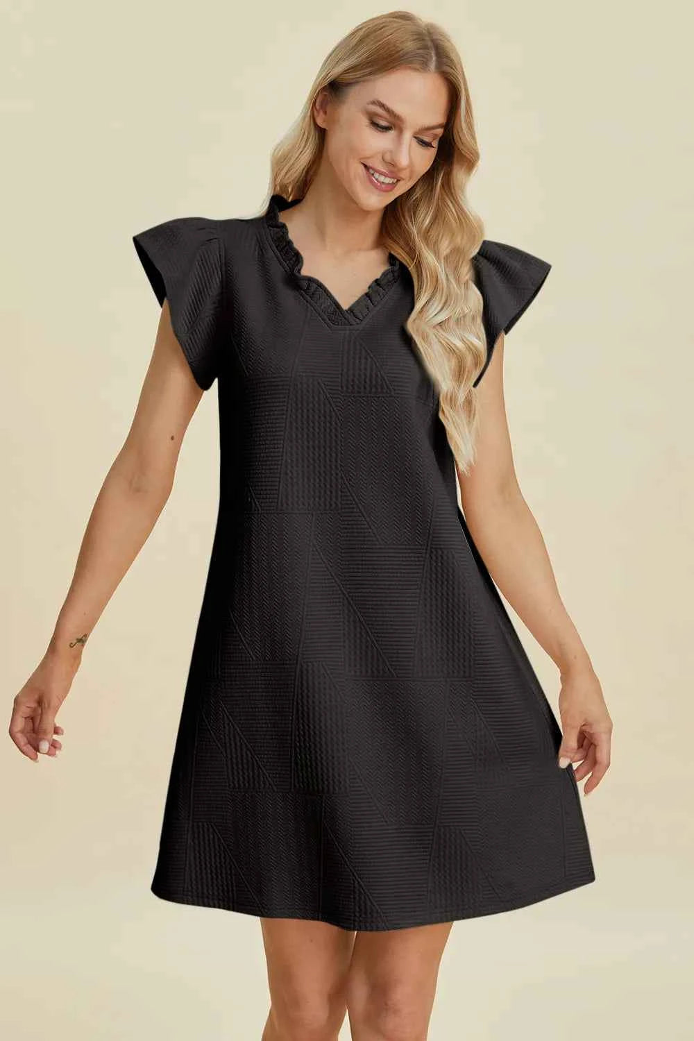 Double Take Full Size Ruffled V-Neck Cap Sleeve Dress 045acb40-0ef7-467b-bf71-a069dca731e9-Max