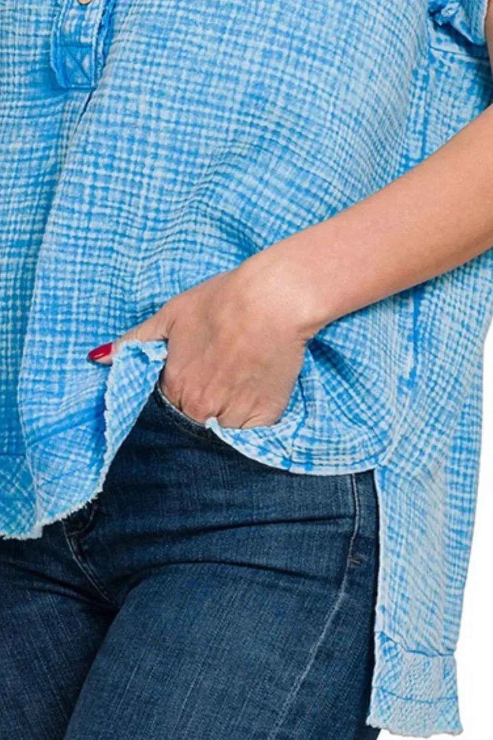 Zenana Washed Double Gauze 3/4 Button Henley Neck Shirt 045af375-8640-47ce-93b3-f3dd95a92548-Max-Origin