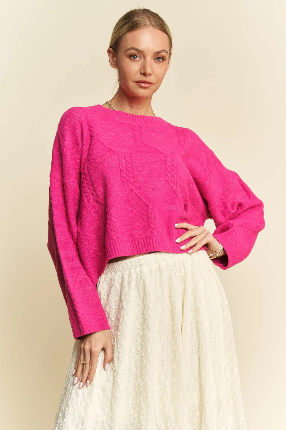 Davi & Dani Diamond Cable Pattern Drop Shoulder Sweater Pink 04604334-e8bd-4f92-a055-98bcfafe7293-Max