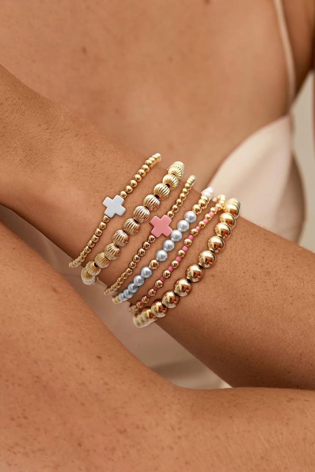 Gold Pearl Cross Beaded Stretch Bracelet Set 046072cec0051c1c