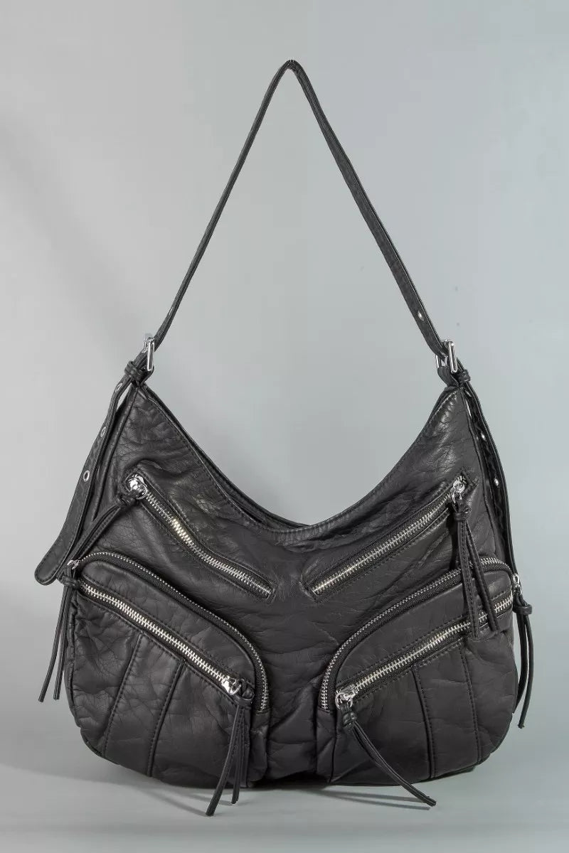 Fame Multi Zipper Pocket Leather Hobo Bag BK One Size 0467ac06-76b7-4d4c-bd5e-6061034e0884-Max-Origin