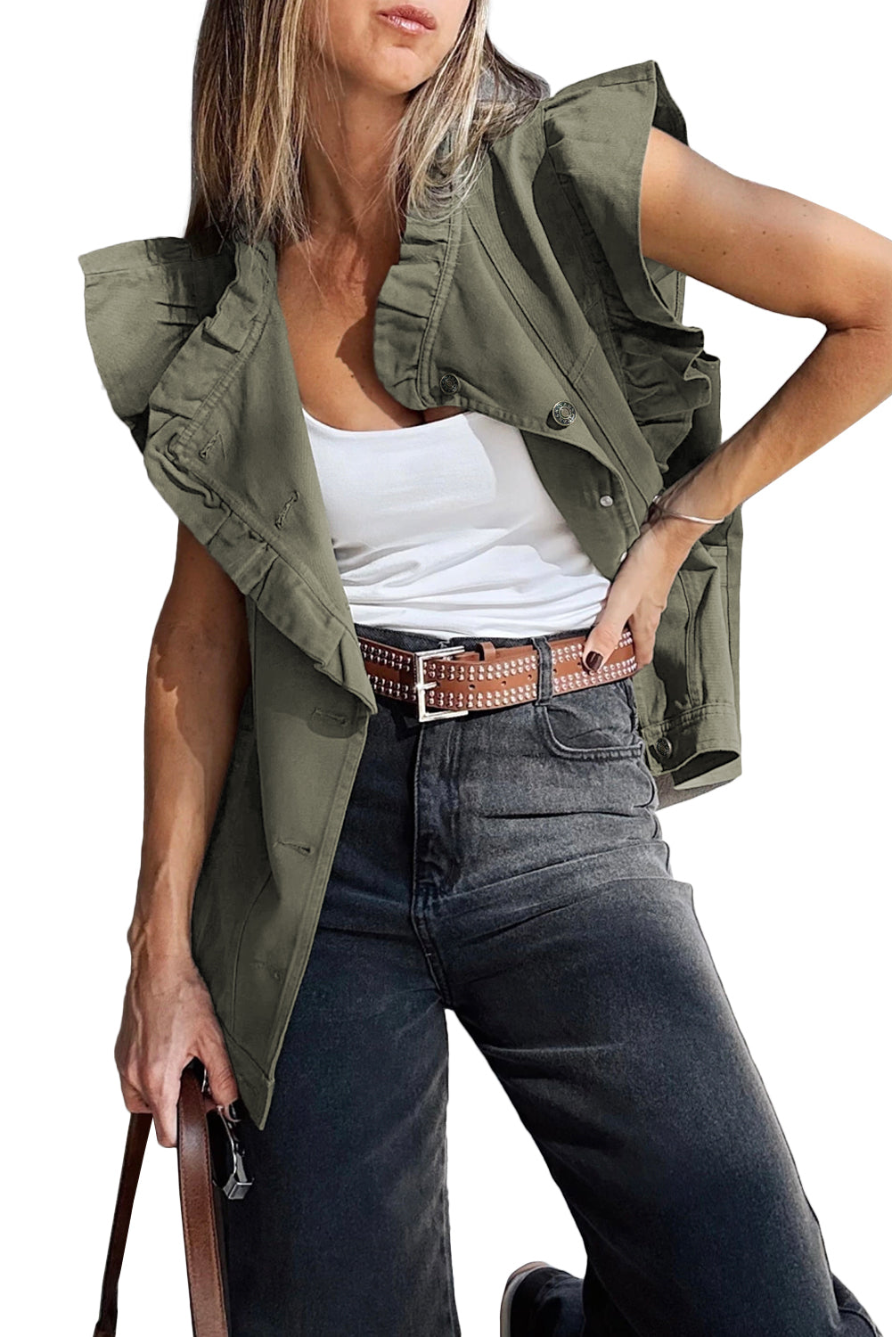 Green Bay Ruffle Plain Denim Jacket Vest 0468f4985b865d2a
