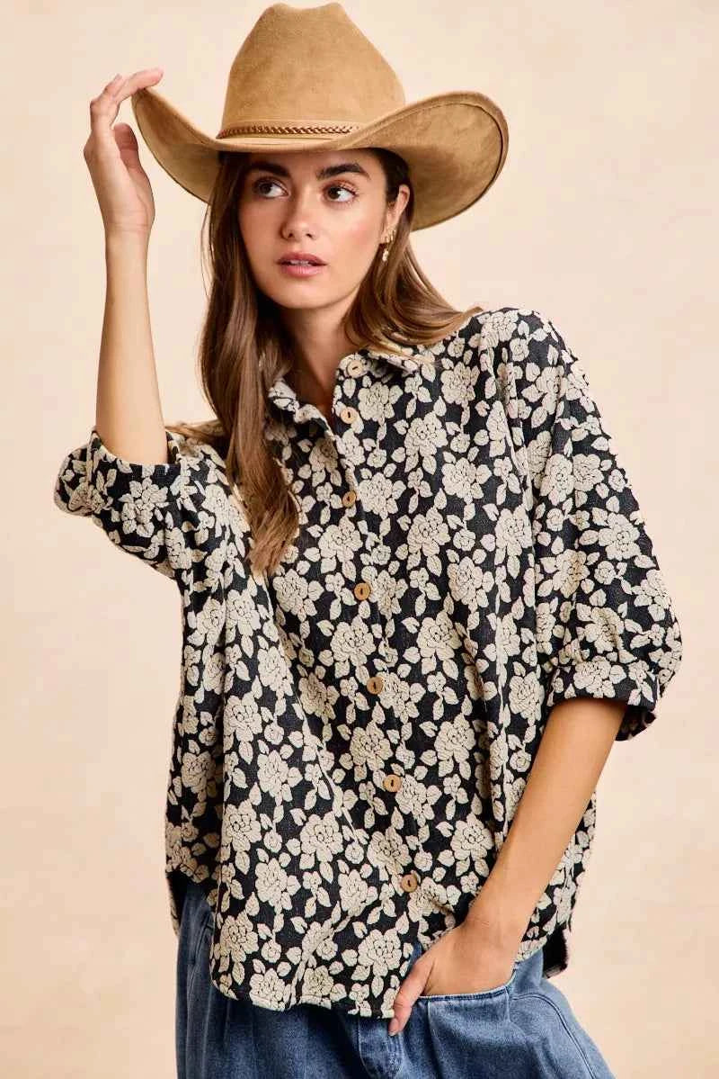 BiBi Floral Jacquard Short Dolman Sleeves Shirt 04694008065e4849869315a06dfd3996-Max-Origin