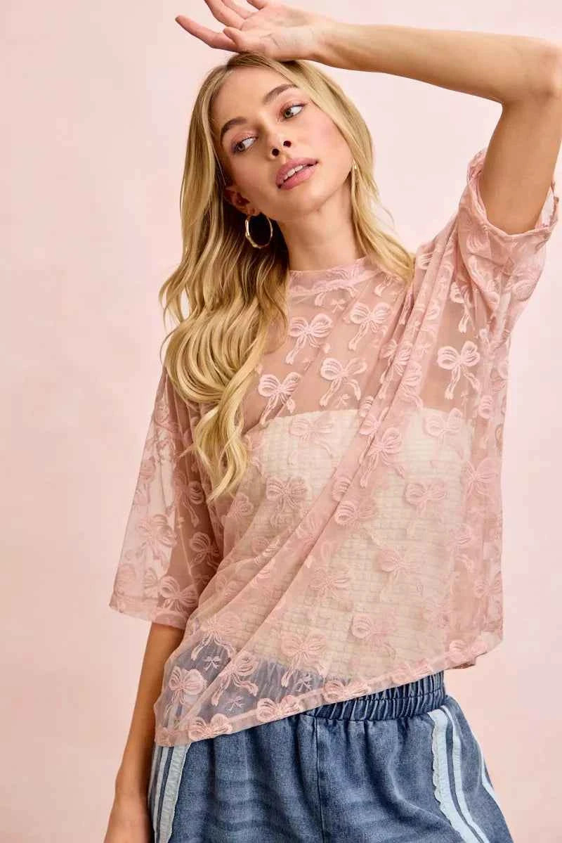 BiBi Bow Pattern Short Sleeves Boxy Mesh Top 046acd70a8464bfdabc80f19f6ee4fb7-Max-Origin