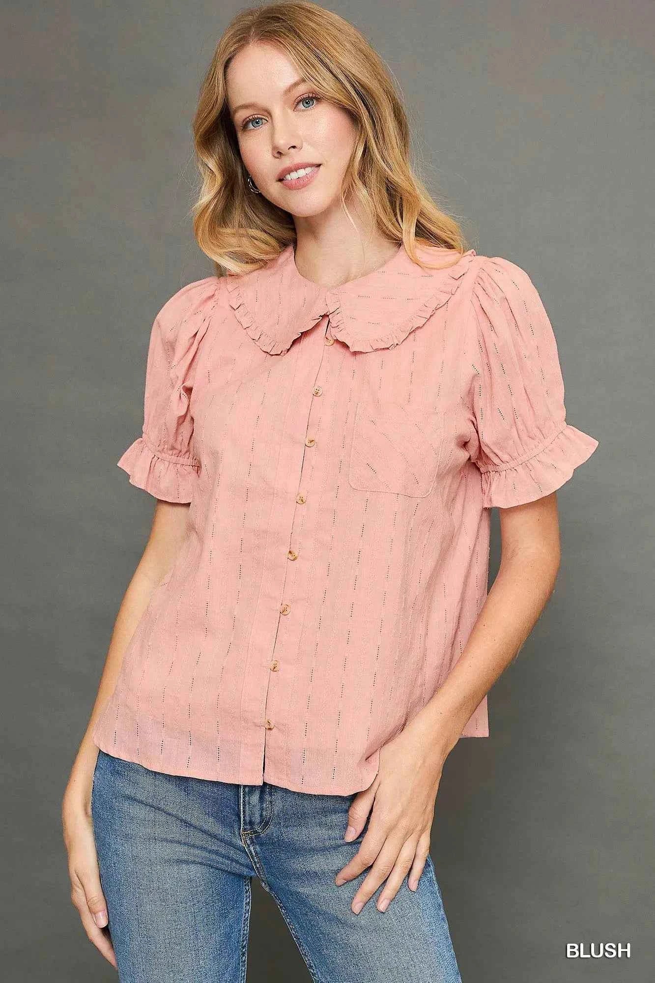 Peter Pan Collared Button Down Textured Shirt with Ruffled Detail BLUSH 046e53d8-35d8-476b-acae-9edd4d66c76f-Max-Origin