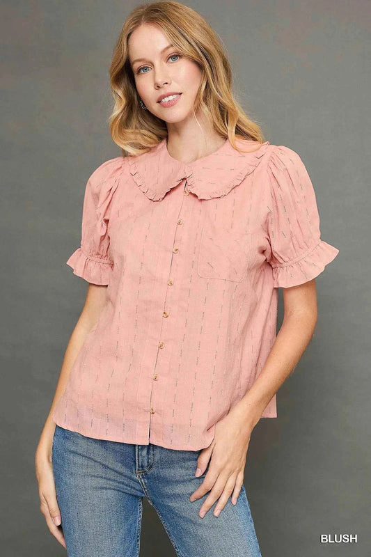 Peter Pan Collared Button Down Textured Shirt with Ruffled Detail BLUSH 046e53d8-35d8-476b-acae-9edd4d66c76f-Max-Origin