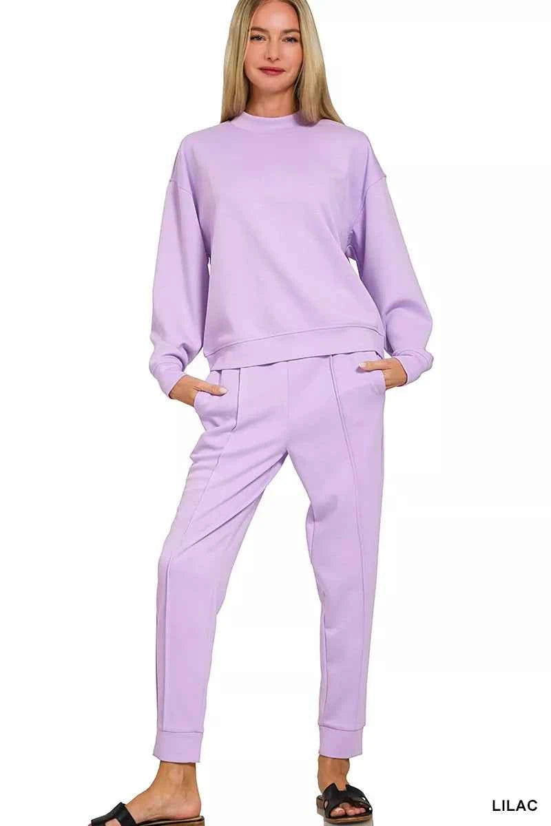 Zenana Scuba Mock Neck Sweatshirt and Joggers Set LILAC 04719840570e4d6b87b23db35e274e87-Max-Origin