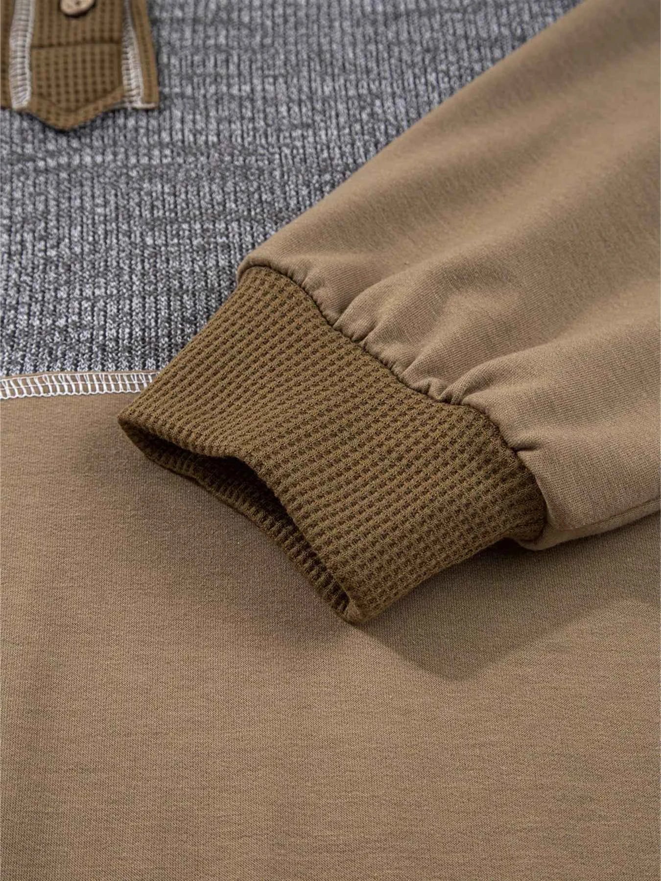 Mixed Texture Patchwork Exposed Seam Half Button Hoodie 04744364042a44ac882cc7f4f8b5fe48-Max-Origin