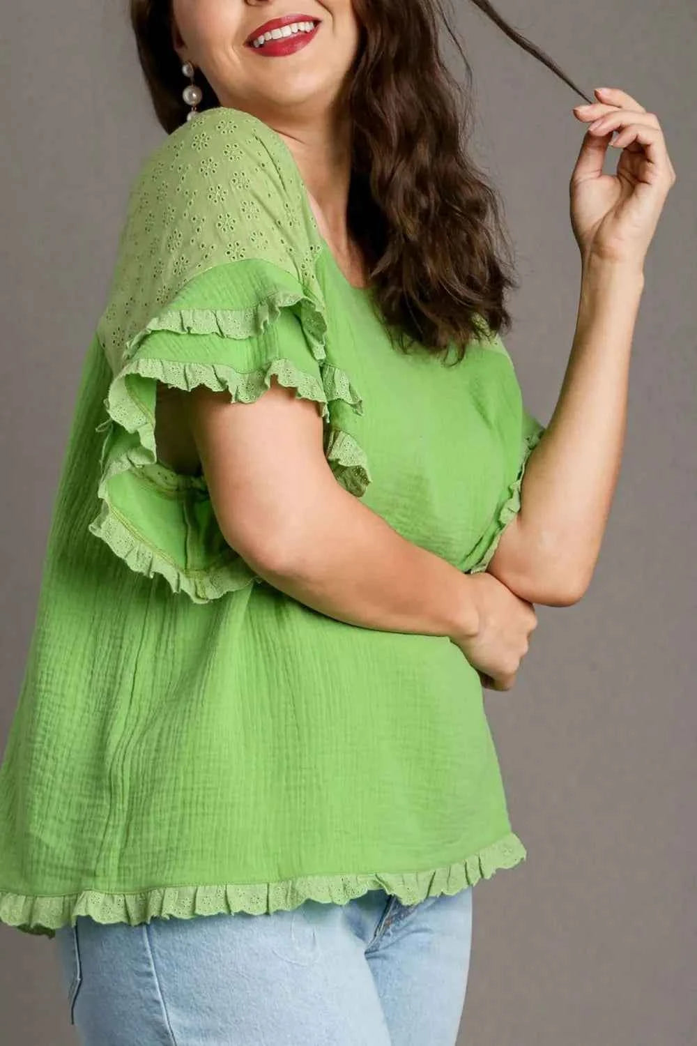 Umgee Full Size Cotton Gauze Round Neck Ruffle Eyelet Layered Sleeve Blouse Plus Size 047bc87c-3b3f-4303-9418-1703749f8167-Max
